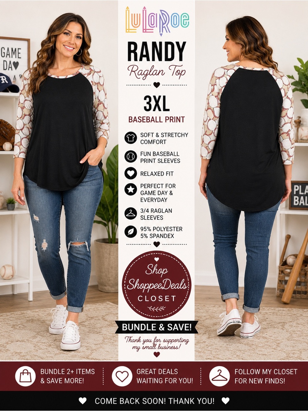 LuLaRoe Randy Baseball Raglan Top 3XL Black Soft Stretch Baseball Print Tee